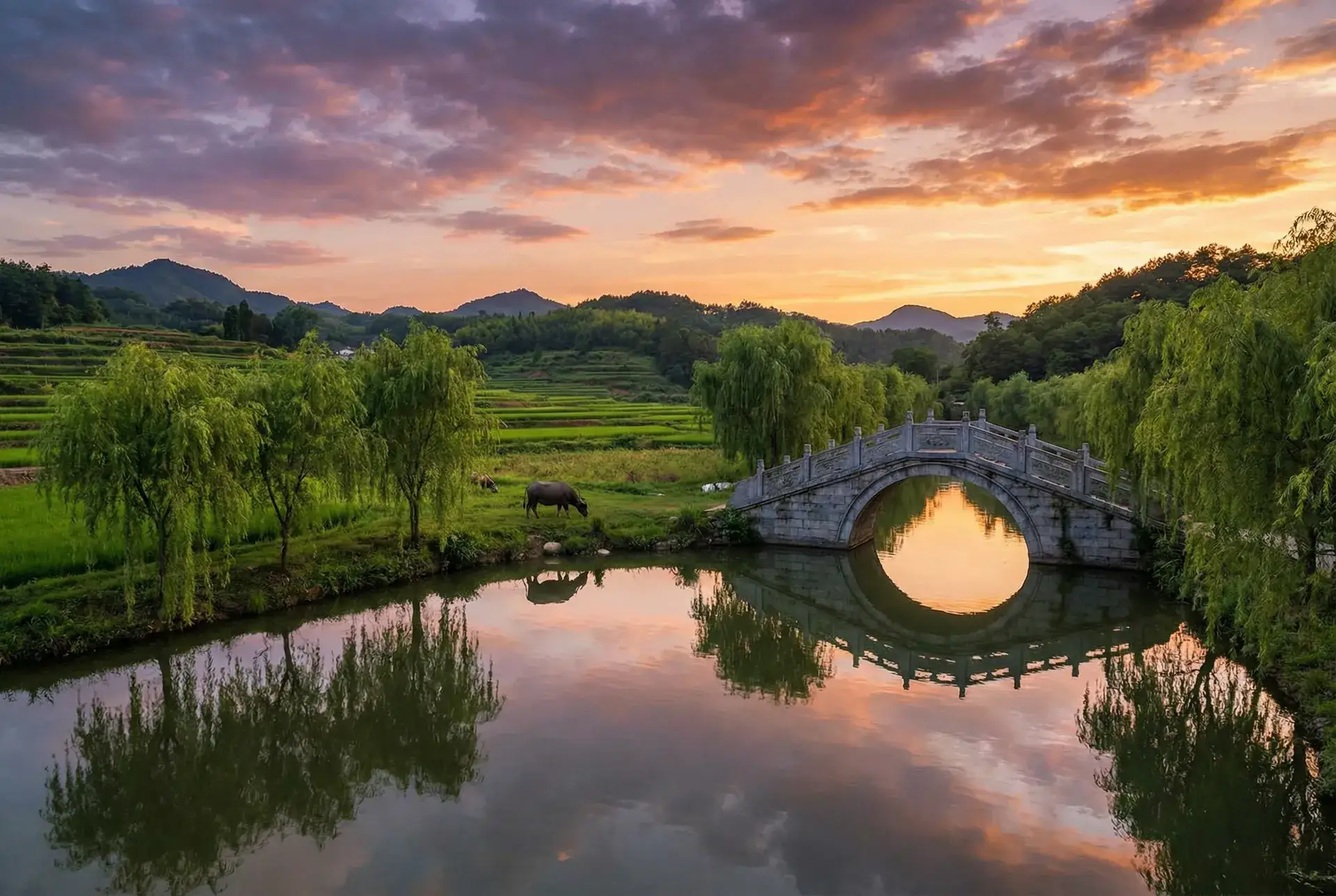 夕阳下的石拱桥与垂柳，水牛在河边吃草 - 法国进入紧急状态 乡村美景